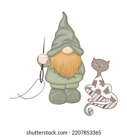 green gnome with tailoring needle and toy cat