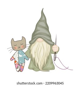 green gnome with tailoring needle and toy cat