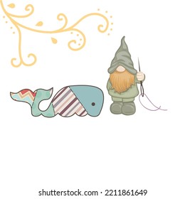 green gnome with tailoring needle and toy whale