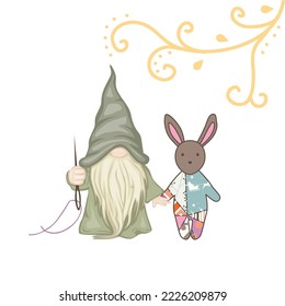green gnome with tailoring needle and toy rabbit 