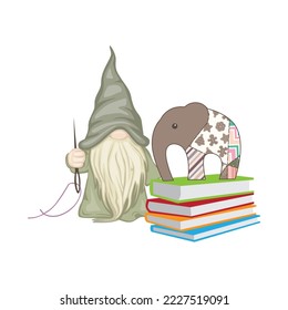 green gnome with tailoring needle and toy elephant and books
