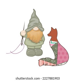 green gnome with tailoring needle and toy fox