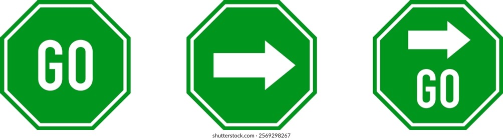 Green go sign. White text and arrow symbol on green traffic sign. Vector illustration.