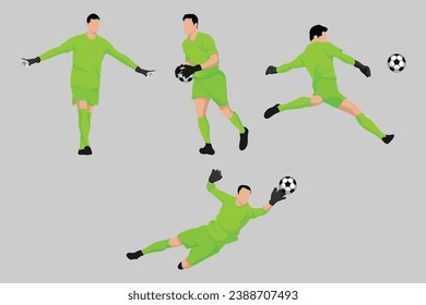 Green Goalkeeper Football Soccer Players in Various Poses Vector