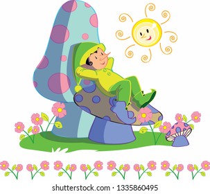 Green goblin lying on some mushrooms, cute, cartoon.