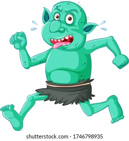 Green goblin or troll running pose with funny face in cartoon character isolated illustration