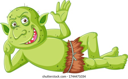 Green goblin or troll smile while lying down in cartoon character isolated illustration