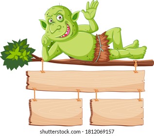 Green goblin or troll smile while lying down tree with blank banner in cartoon character isolated illustration