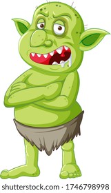 Green goblin or troll standing pose with anger face in cartoon character isolated illustration