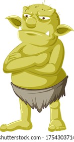 Green goblin or troll standing pose with anger face in cartoon character isolated illustration