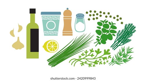 Green goddess dressing fresh raw ingredients set. Flat vector illustration isolated on white background.