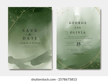Green and gold abstract watercolor wedding invitation template