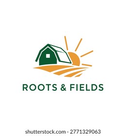 Green and gold agricultural logo featuring a barn silhouette, rising sun and rolling fields. Conveying growth, sustainability and rural farming heritage for agribusiness or organic brand identity.