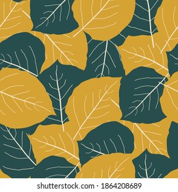 Green and gold aspen leaf seamless vector pattern background. Overlapping hand drawn leaves in fall colors. Textural abstract backdrop Botanical foliage all over print for autumn and cosy home concept