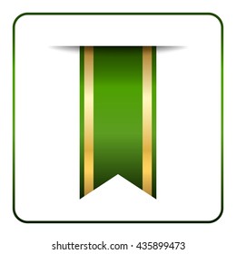 Green and gold bookmark banner. Vertical book mark, isolated on white background. Color tag, label. Flag symbol, sign. Design element blank. Empty sticker for sale. Template icon. Vector illustration