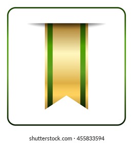 Green and gold bookmark banner. Vertical book mark, isolated on white background. Color tag, label. Flag symbol, sign. Design element blank. Empty sticker for sale. Template icon. Vector illustration