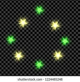 Green and gold bright glowing and shining star flares effect isolated on transparent background. Vector illustration