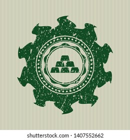 Green gold bullion icon inside distressed rubber grunge texture stamp