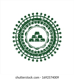 Green gold bullion icon inside distress grunge style stamp. 