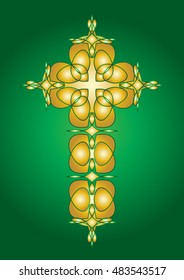 Green and gold celtic style ornamental decorative cross. Color vector illustration.