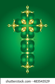 Green and gold celtic style ornamental decorative cross. Color vector illustration.
