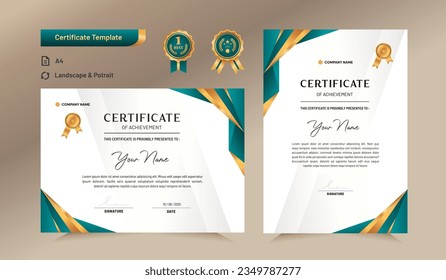 Green and gold certificate of achievement template. For award, business, and education needs. Vector Illustration