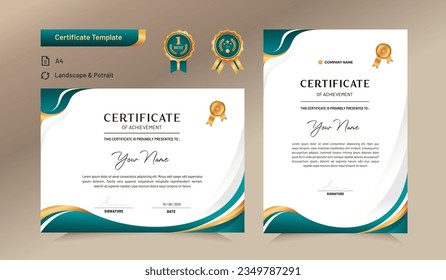 Green and gold certificate of achievement template. For award, business, and education needs. Vector Illustration