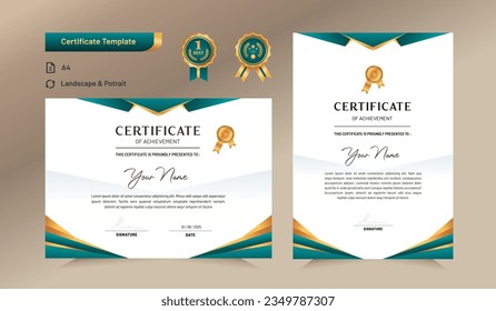 Green and gold certificate of achievement template. For award, business, and education needs. Vector Illustration