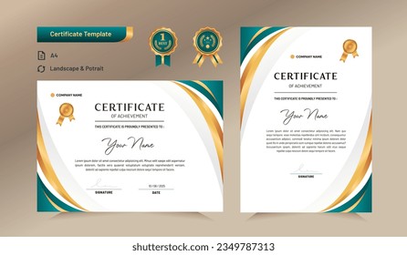 Green and gold certificate of achievement template. For award, business, and education needs. Vector Illustration