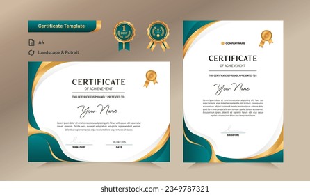 Green and gold certificate of achievement template. For award, business, and education needs. Vector Illustration