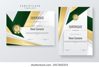 Green und gold Certificate of Value Randschablone mit luxuriösem Logo und modernen Linien und Formen