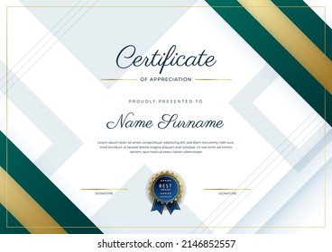 Green and gold certificate of appreciation template. Clean modern certificate with gold badge. Certificate border template with luxury and modern line pattern. Diploma vector temp