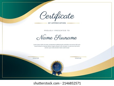 Green and gold certificate of appreciation template. Clean modern certificate with gold badge. Certificate border template with luxury and modern line pattern. Diploma vector temp