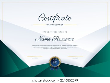 Green gold certificate of appreciation template. Clean modern certificate with gold badge. Certificate border template with luxury and modern line pattern. Diploma vector temp