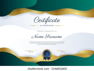 Green gold certificate of appreciation template. Clean modern certificate with gold badge. Certificate border template with luxury and modern line pattern. Diploma vector temp