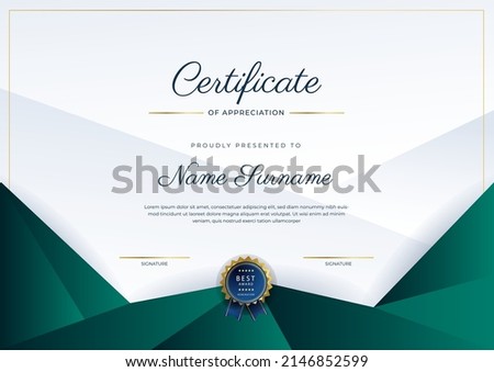 Green gold certificate of appreciation template. Clean modern certificate with gold badge. Certificate border template with luxury and modern line pattern. Diploma vector temp