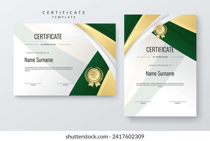 Green and gold certificate of corporate template. Clean modern certificate with gold badge. Certificate border template with luxury and modern line pattern