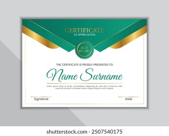 Green and gold certificate template with badge. Clean certificate layout.