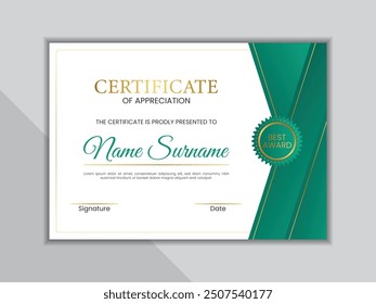 Green and gold certificate template with badge. Clean certificate layout.