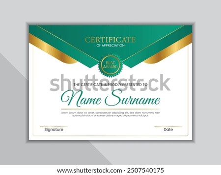 Green and gold certificate template with badge. Clean certificate layout.