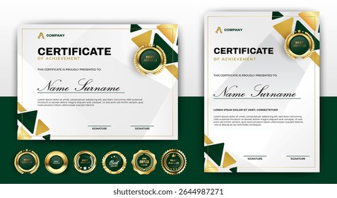 Green and gold certificates of achievement template. For award, business, and education needs