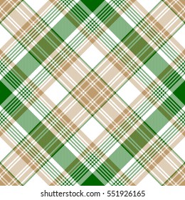 Green gold check diagonal plaid seamless pattern. Vector illustration.