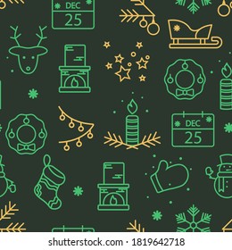 Green and gold Christmas seamless pattern with Christmas symbols icons. Holiday background in vector for printing or creating a design.