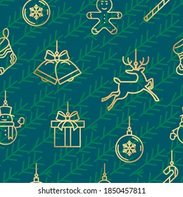 Green and gold Christmas seamless pattern with Christmas symbols icons. Holiday background in vector for printing or creating a design.