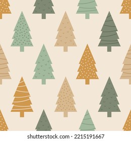 Green and gold Christmas tree seamless pattern. Modern, Scandinavian, flat style illustration in natural earth tone colors. Scandi, Nordic seasonal holiday design. Repeat wrapping paper print. 