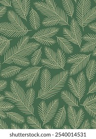Green and gold Christmas tree twigs seamless pattern, New year design background. Minimalistic graphic illustration. Hand made vector pattern.
