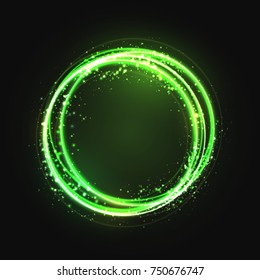Green gold circle light effect with round glowing elements, particles and stars on dark background. Shiny glamour design elements for the Christmas, night party, birthday party with sequins, glitter
