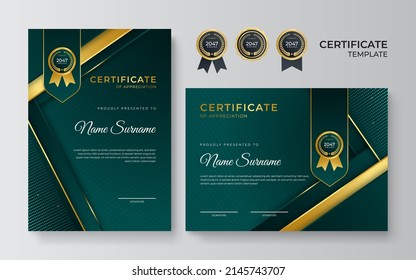 Green gold color certificate award design template. Clean modern certificate with gold badge. Certificate border template with luxury modern line pattern. Diploma Certificate vector template set