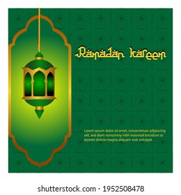 green and gold color ramadan kareem background with lanterns, islamic religious holidays, for banners, pamphlets