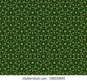 Green and gold color seamless pattern with damask floral ornament. Vector illustration. For invitation, template, wallpaper